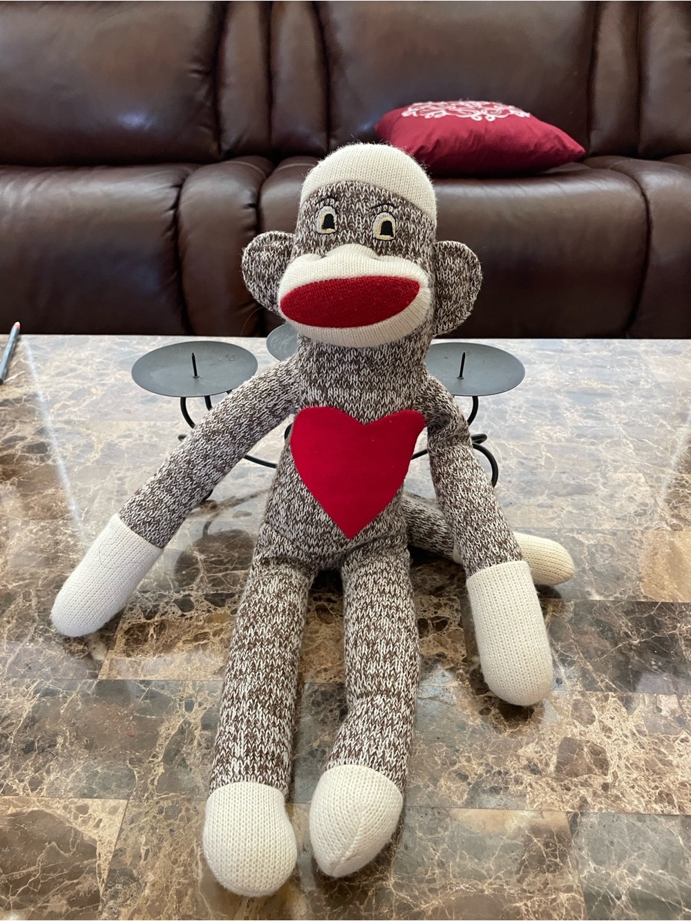 Handcrafted Sock Monkey Plush with Red Heart - Home Accents